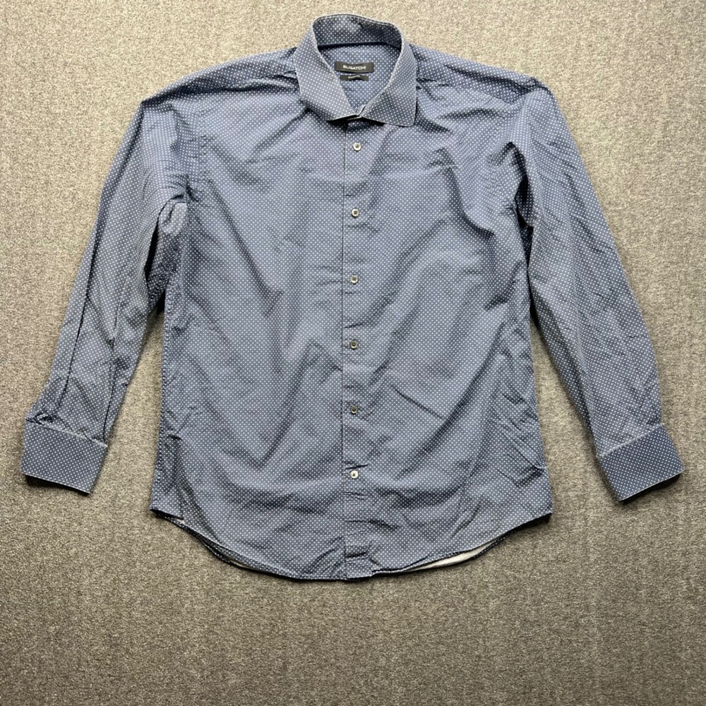 Bugatchi Button Down Shirt Mens L Blue Polka Dot Shaped Fit Long Sleeve Cotton